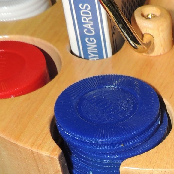 Metal Handled, Lazy Susan Rotating Solid Wood Carousel w/Vintage 1960's Chips - Picture 6 of 8